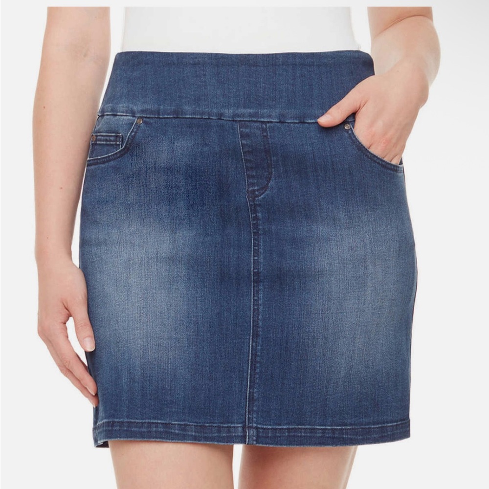 Stretch-Waist Denim Mini Skirt With Built in Shorts in Medium Blue